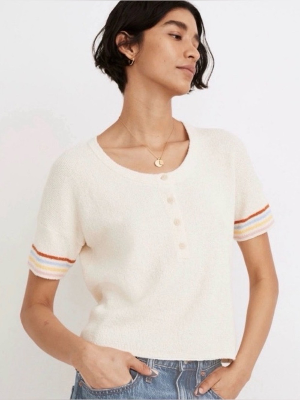 Madewell Cream Short Sleeve Button Henley with Rainbow Sleeve Stripes